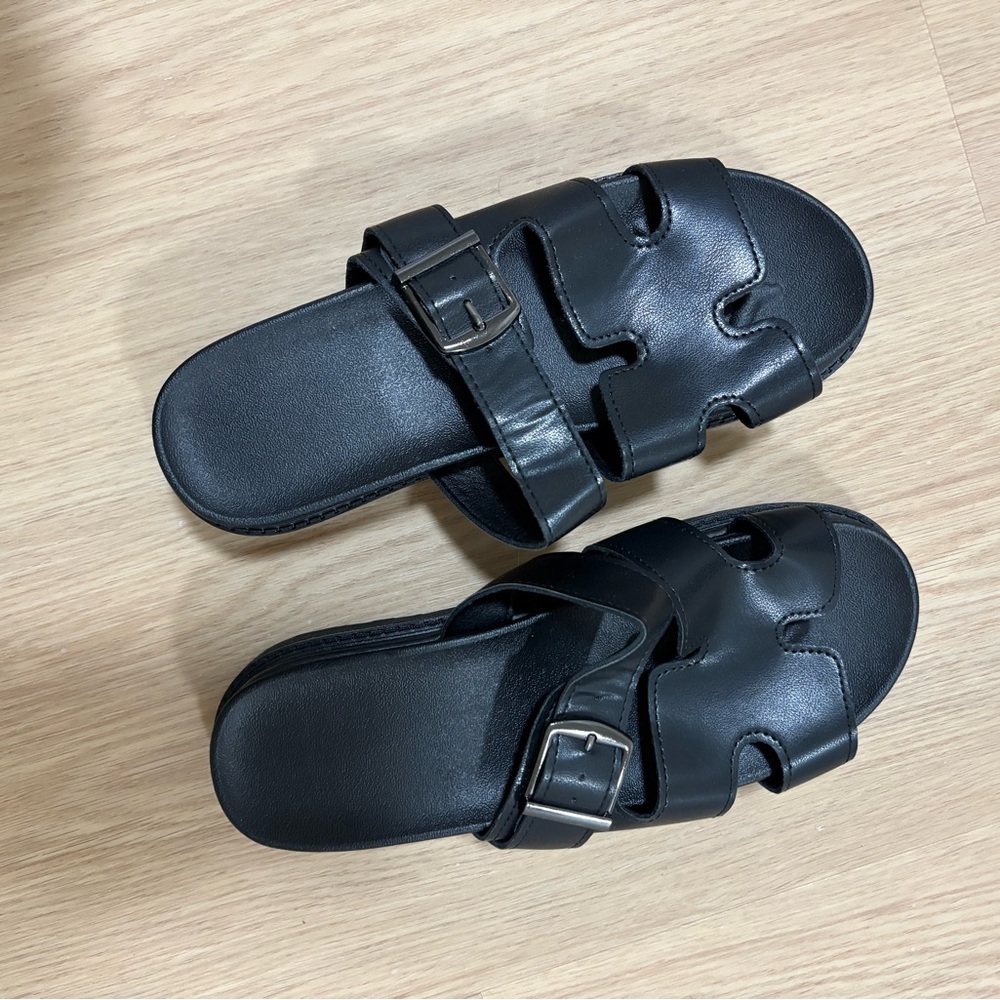 Black Slide Sandals with Buckle